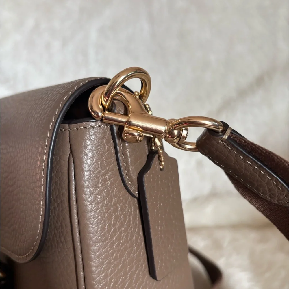 Coach Taupe Pebbled Leather Flap Crossbody with Gold Hardware
